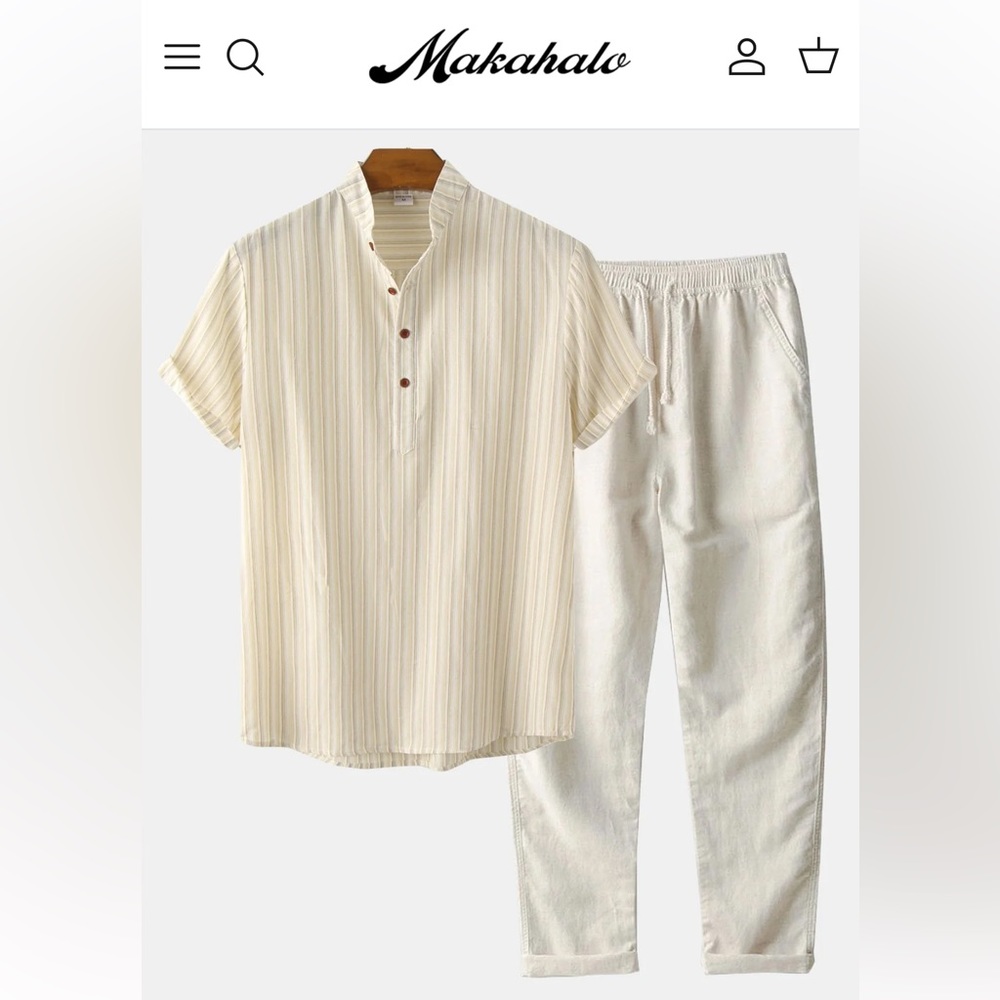 Mens Linen Blend Striped Henley Collar Shirt & Straight Leg Linen Pants